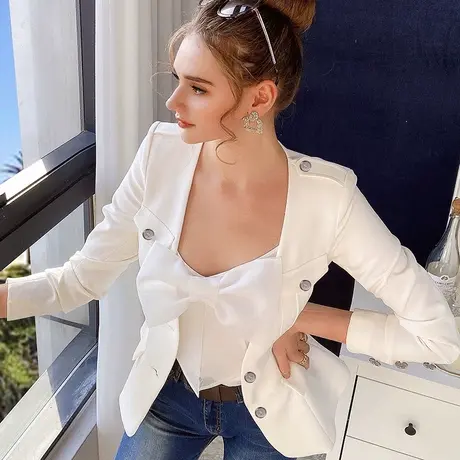 粉红大布娃娃西装外套女2022春新款白色修身洋气网红收腰休闲西服图片