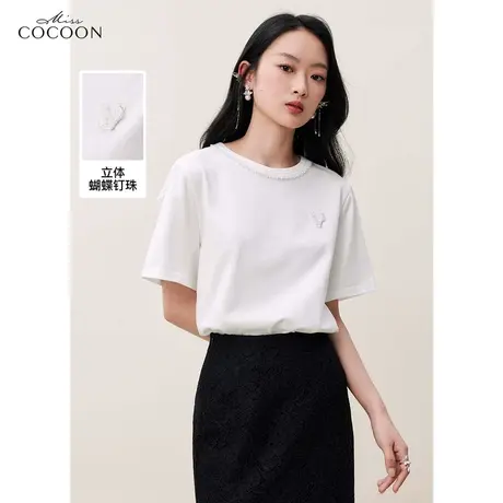 missCOCOON法式蝴蝶绣花网纱拼接短袖t恤女2023夏季新款白色上衣商品大图