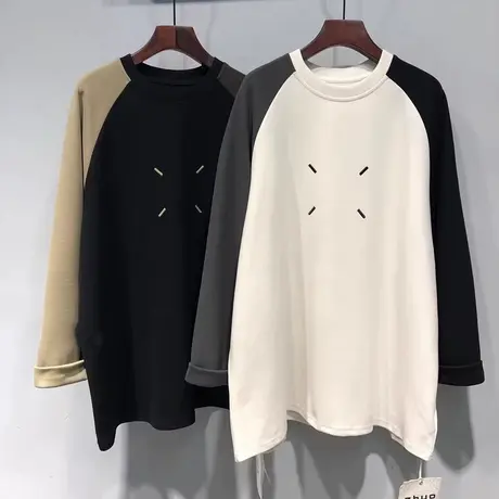 欧货潮牌拼色长袖T恤女秋冬装德绒宽松小众设计感中长款刺绣上衣图片