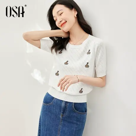 OSA欧莎白色轻薄短款冰丝针织衫女夏季2023年新款肌理感短袖上衣商品大图