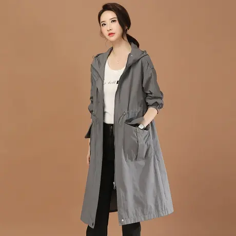 韩潮袭人2024春季新款韩系小个子连帽中长款风衣外套女收腰大衣图片