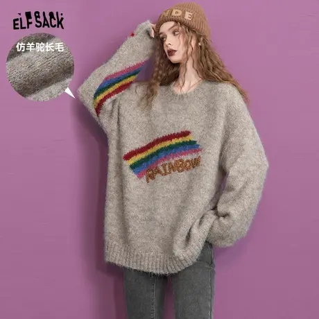 妖精的口袋彩虹毛衣女2023冬季新款圆领套头字母刺绣设计感上衣商品大图