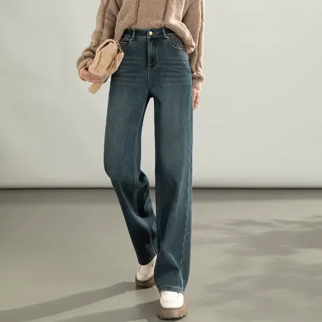 加绒牛仔裤女秋冬季新款2023年复古裤子直筒裤加厚女裤女士阔腿裤图片