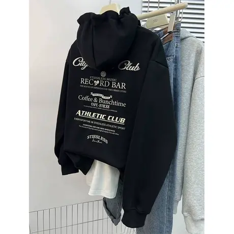 美式复古黑色连帽套头卫衣女早秋冬宽松bf慵懒风oversize薄外套商品大图