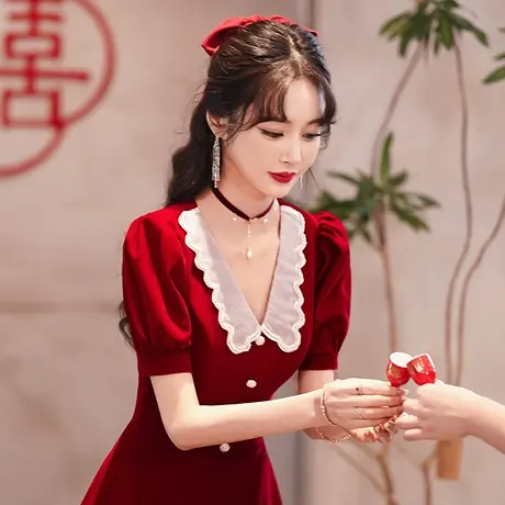 敬酒服新娘高级感小个子中长款甜美订婚礼服红色连衣裙回门服便装图片