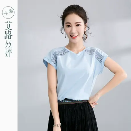 艾路丝婷2023夏季新款女装上衣韩版体恤纯色宽松圆领短袖t恤5107图片
