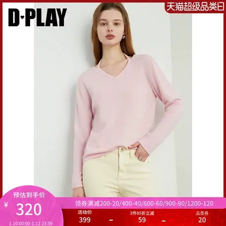 DPLAY春通勤V领粉色略宽松长袖领子镂空设计100羊毛针织衫毛衣女图片