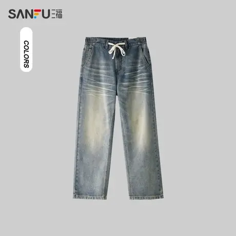 三福2024夏季男士街头潮流猫须牛仔裤 复古宽松直筒长裤483230商品大图