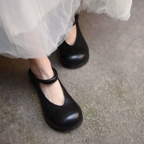 Artmu阿木原创学院真皮风小皮鞋平底浅口单鞋一字扣玛丽珍鞋新款图片