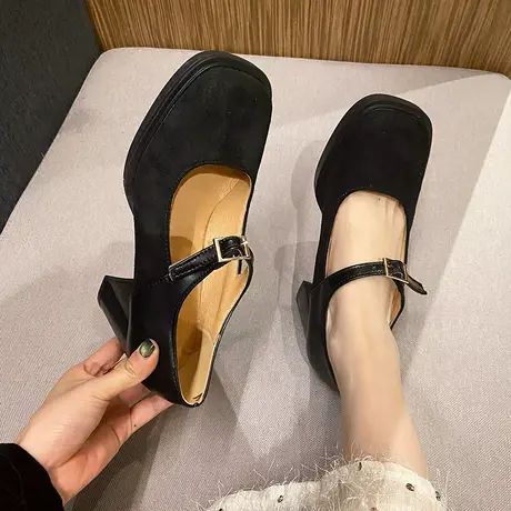 法式粗跟玛丽珍鞋女2024年新款复古百搭浅口单鞋配裙子高跟穆勒鞋商品大图