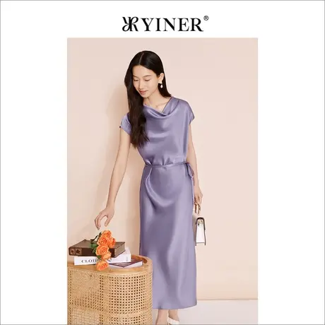YINER音儿女装2023夏季法式优雅流光丁香紫无袖连衣裙图片