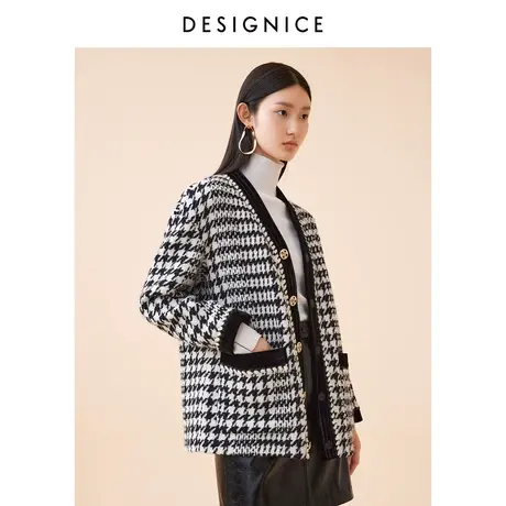 迪赛尼斯冬季新款时尚一手长V领格子通勤风毛呢外套女商品大图