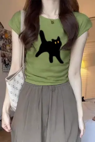 正肩短袖t恤女夏季修身紧身小众设计感甜辣妹打底小衫短款上衣ins商品大图