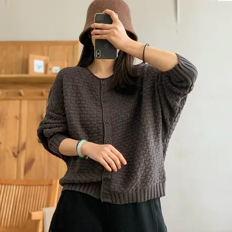 dza 复古宽松圆领格子棉线毛衣外套女春新款休闲针织开衫短款上衣图片