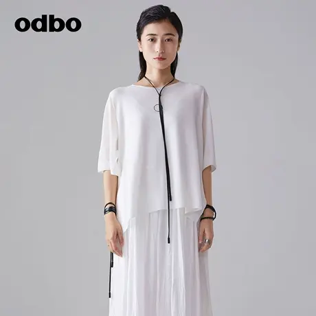 odbo/欧迪比欧原创设计感不规则黑白薄款T恤女早秋舒适宽松针织衫商品大图