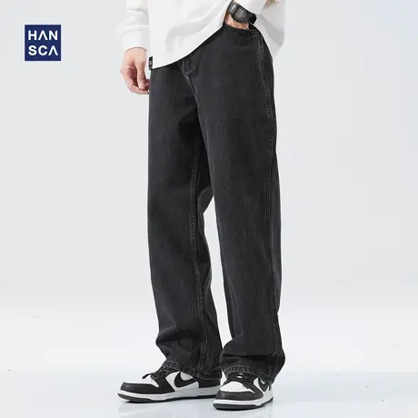 hansca直筒牛仔裤男秋冬季美式复古潮流宽松休闲黑色水洗阔腿长裤商品大图