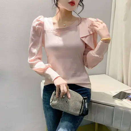 性感镂空斜领蝴蝶结气质上衣褶皱泡泡袖打底衫T恤洋气修身长袖ins商品大图