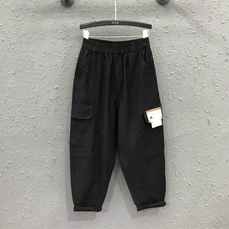 韩版哈伦裤女2024春夏新款黑色松紧腰休闲高腰显瘦宽松牛仔老爹裤图片