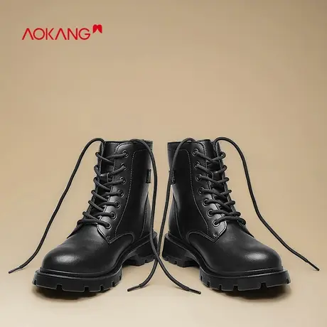 奥康女靴真皮马丁靴女高帮英伦风ins中帮工装潮鞋黑色中帮时装靴图片