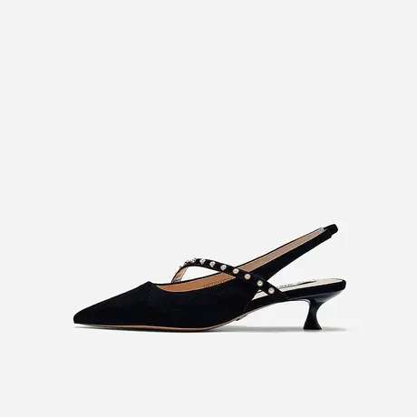 Nine West/玖熙2024年春夏尖头浅口反绒面细跟中跟后空包头凉鞋女图片