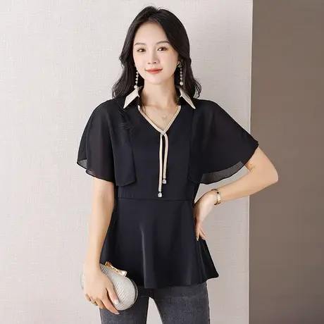 伊自尚2023年新款胖mm韩版大码女装夏季气质显瘦上衣薄款雪纺衫女商品大图