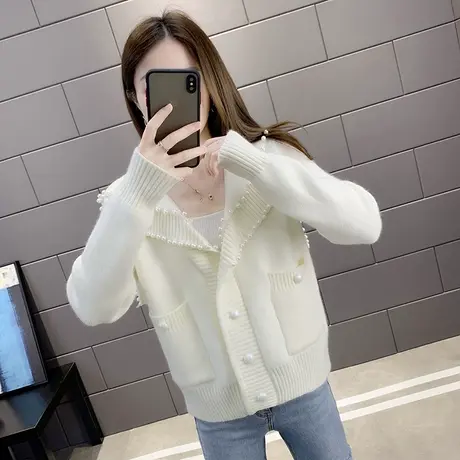 2023春秋新款针织开衫上衣女钉珠潮宽松针织衫加厚海军领毛衣外套图片