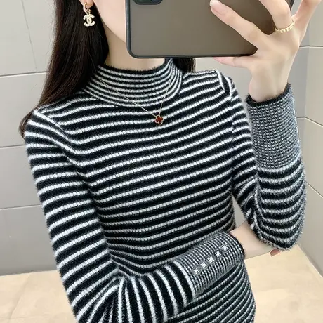 半高领水貂绒毛衣女厚打底衫2023秋冬新款修身条纹针织衫内搭上衣商品大图