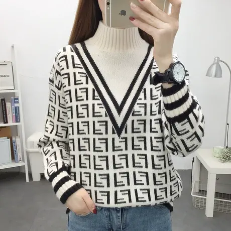 半高领复古提花套头毛衣女2022年秋冬新款宽松外穿针织衫加厚内搭商品大图