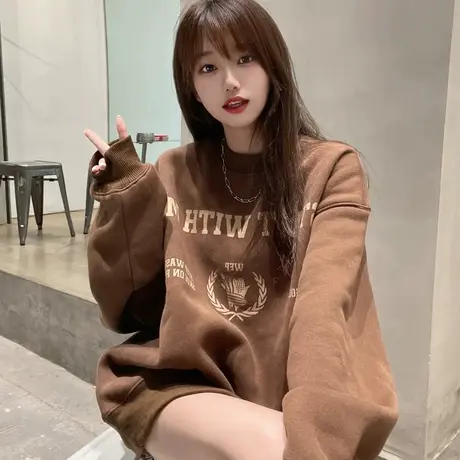 棕色卫衣女2023新款秋冬冬oversize美式复古中长款遮屁股加绒上衣商品大图
