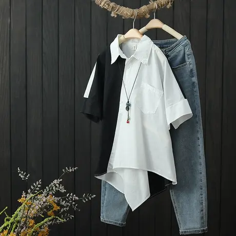夏季新品不规则短袖衬衫女装宽松设计感小众外搭黑白撞色套头上衣商品大图