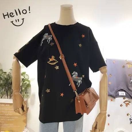 2020夏款韩国东大门chic刺绣五星小马休闲半袖T恤欧洲站打底衫潮商品大图