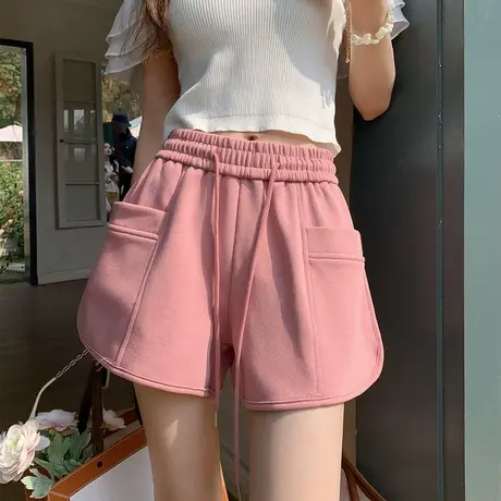 运动短裤女夏季新款复古高腰休闲小众设计感抽绳直筒阔腿裤外穿图片