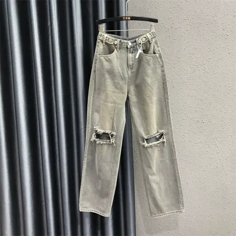 欧货个性破洞牛仔长裤女2023早秋新款怀旧复古高腰显瘦拖地直筒裤商品大图