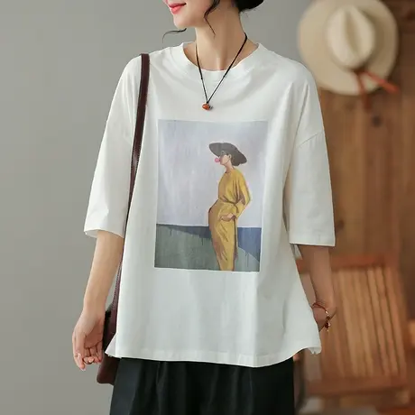 dza文艺复古纯棉短袖T恤女2023夏季宽松圆领体恤气质漂亮打底上衣商品大图