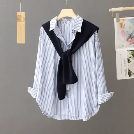休闲条纹衬衫女宽松中长款2023新款春秋季外搭上衣长袖慵懒风衬衣商品大图