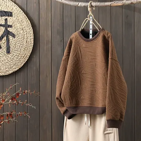 枫谜2022年秋冬新款复古肌理感暗纹加绒圆领宽松休闲套头加厚卫衣图片