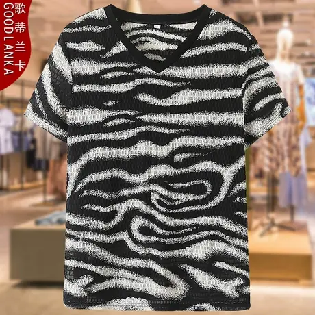 加肥加大码中年妈妈夏装短袖t恤200斤宽松时尚斑马纹冰丝T恤上衣商品大图