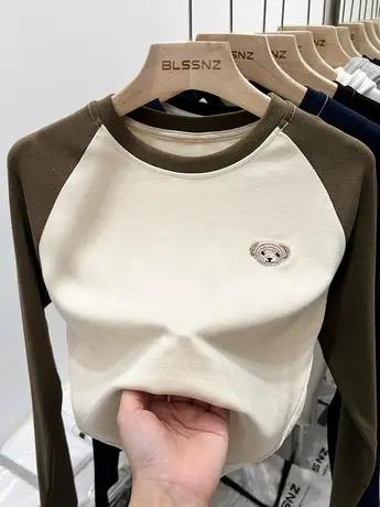 长袖t恤女早秋插肩设计感小众独特别致短款上衣修身打底衫女内搭商品大图