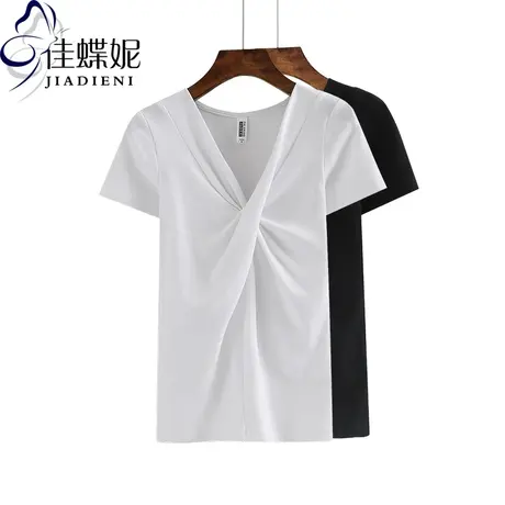新款夏韩版V领纯棉修身短袖女装体恤打底衫纯色休闲内搭T恤图片