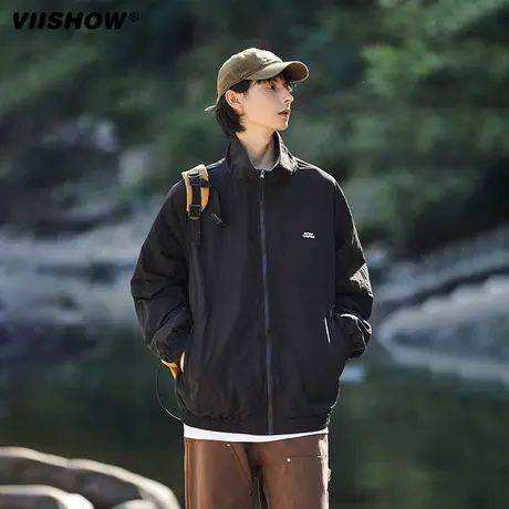 VIISHOW冲锋夹克外套男美式复古无帽春秋墨绿色宽松立领工装夹克商品大图