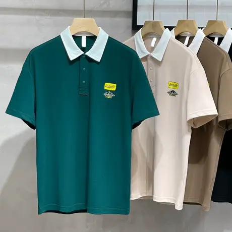 夏季美式复古撞色印花翻领短袖POLO衫男宽松bf风潮牌情侣百搭体恤商品大图
