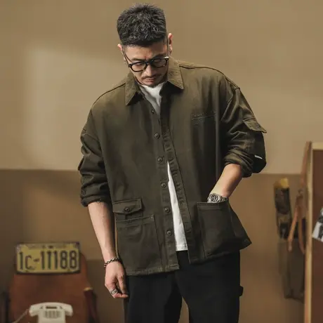 潮流复古工装衬衫宽松日系外套长袖潮流百搭大码纯色男士时尚外套图片