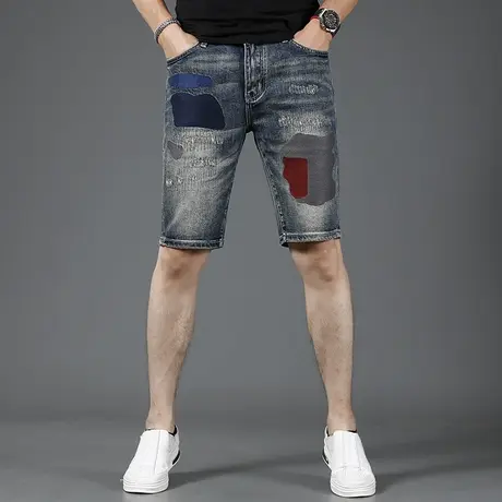 2023新款五分牛仔短裤男款夏季潮牌乞丐补丁薄款男士中裤时尚个性商品大图