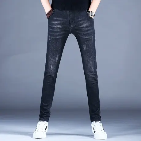 2023春季新款男士牛仔裤子黑色简约修身腰带抓痕小脚裤潮牌男百搭商品大图