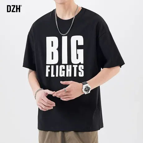 男士黑色字母印花t恤纯棉大码短袖男潮牌夏季体恤宽松半截袖男款商品大图