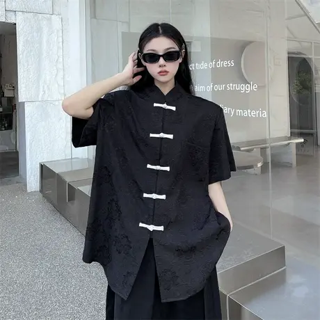 新中式提花冰丝短袖衬衫男女唐装小众设计感浮雕中国风盘扣衬衣商品大图