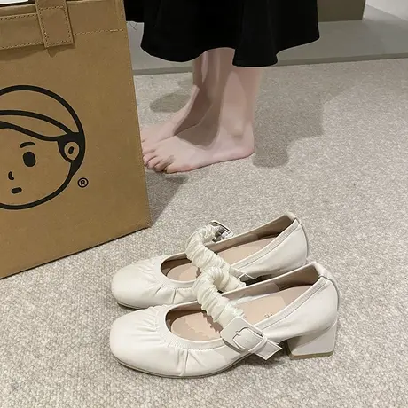 豆豆鞋女春夏季粗跟2023年新款浅口防滑单鞋法式复古风白色高跟鞋商品大图