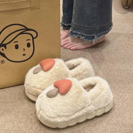 可爱蘑菇棉拖鞋女冬季情侣室内家居毛毛绒保暖厚底防滑包跟棉鞋男图片