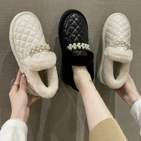 防水皮面单鞋女2023年秋冬新款一脚蹬加绒保暖雪地棉鞋珍珠毛毛鞋图片