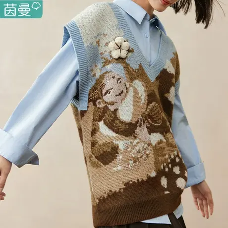 茵曼旗舰店复古针织马甲女2024年春季新款宽松V领加厚保暖上衣图片